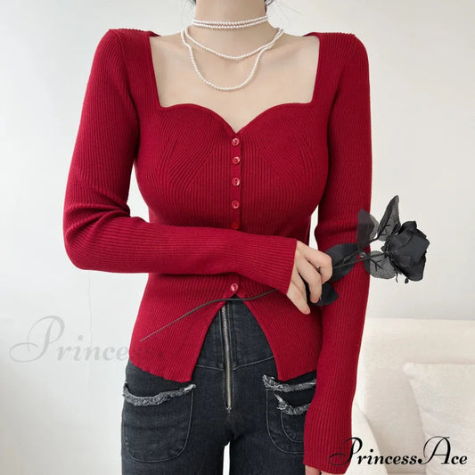 Vintage Long Sleeve Square Collar Slim Fashion Red Christmas Sweater