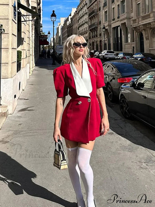 Vintage Red Contrasting Button Mini Dresses Elegant V Neck A-Line Christmas Party Dress