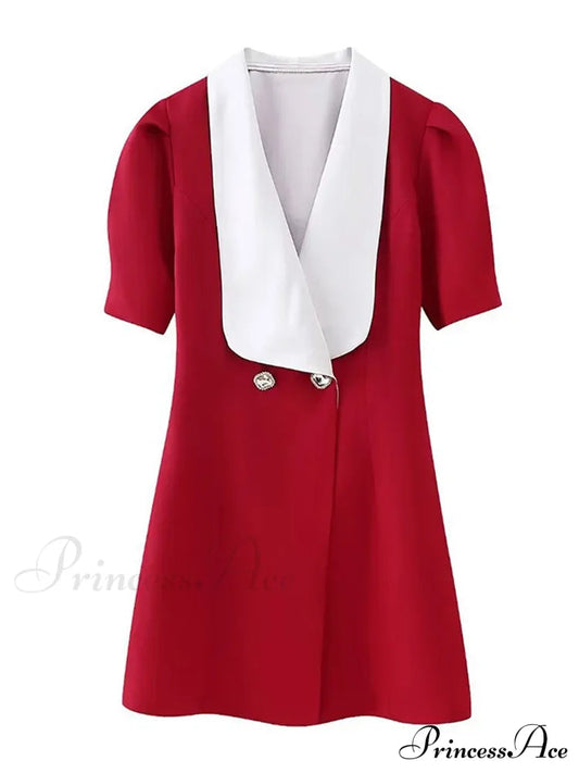 Vintage Red Contrasting Button Mini Dresses Elegant V Neck A-Line Christmas Party Dress