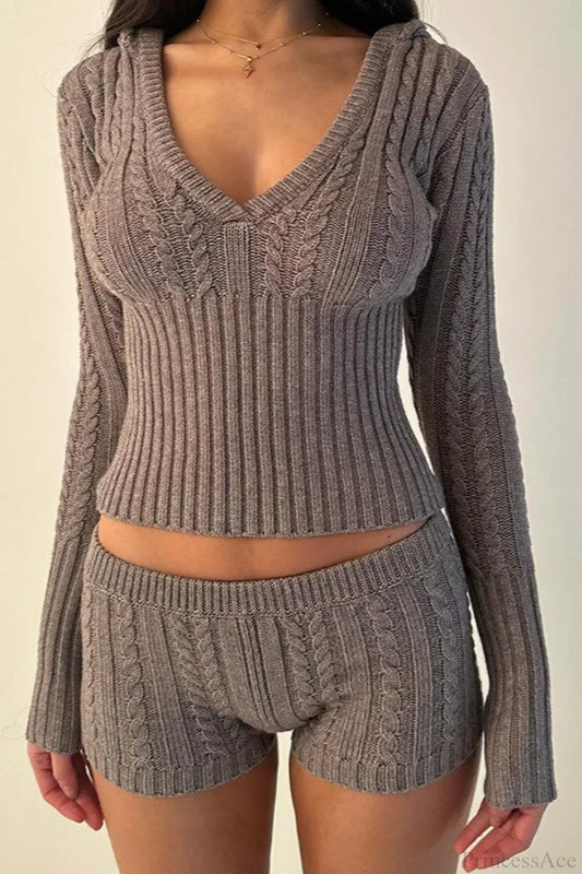 Vintage Sexy Knit Hooded Long Sleeve Cropped Two Piece Set