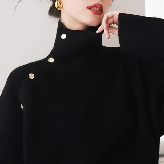 Vintage Turtleneck Elegant Chic Buttons Long Sleeve Christmas Sweater Black / M Sweaters-L