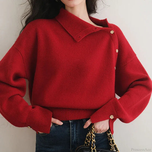 Vintage Turtleneck Elegant Chic Buttons Long Sleeve Christmas Sweater Sweaters-L