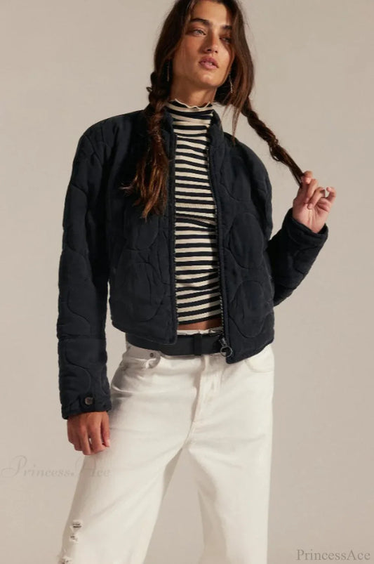 Vintage Urban Casual Quilted Stand-Collar Coat Black / S