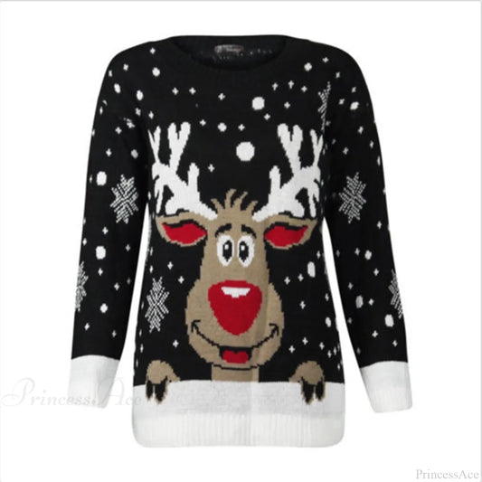 Warm Long Sleeves Fur Collar Cartoon Reindeer Print Christmas Sweater Black / S Sweaters-L