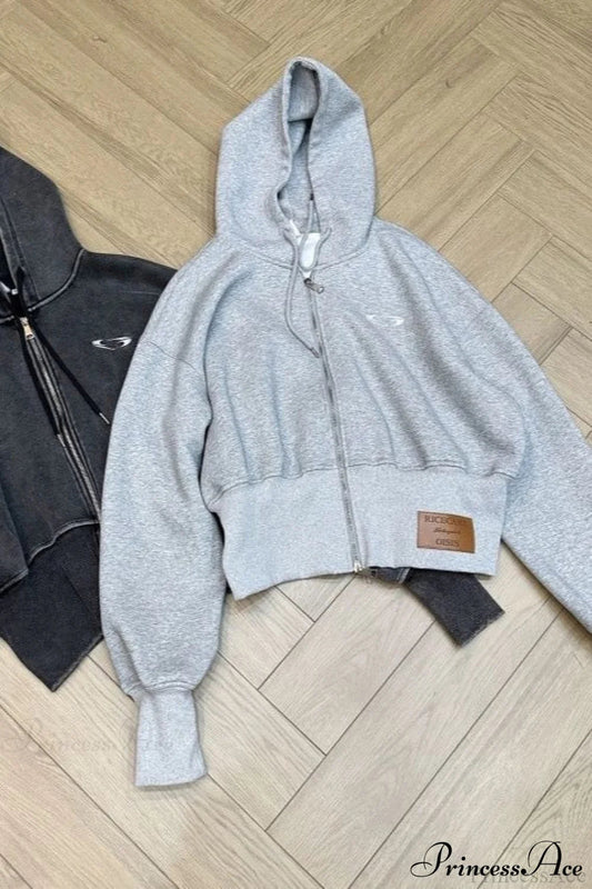 Washed 3D Embroidered Open Front Crop Hoodie