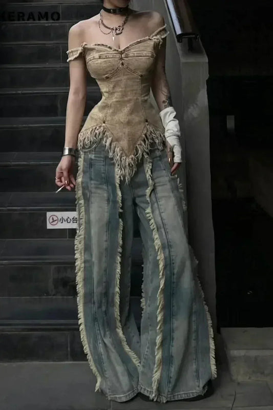 Washed Baggy Vintage Tassel Jeans