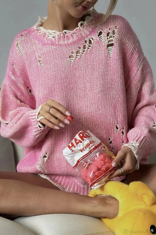 Washed Crew Neck Distressed Mid-Length Sweater