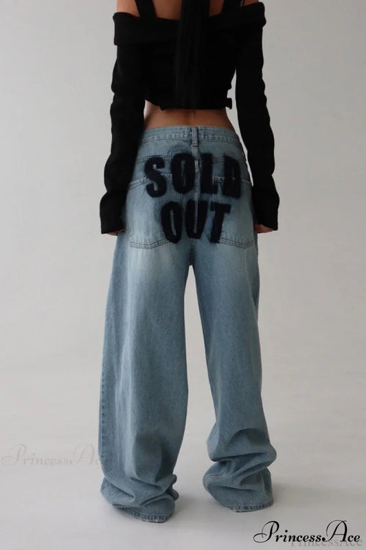 :Washed Letter Print Distressed Relaxed Straight Jeans