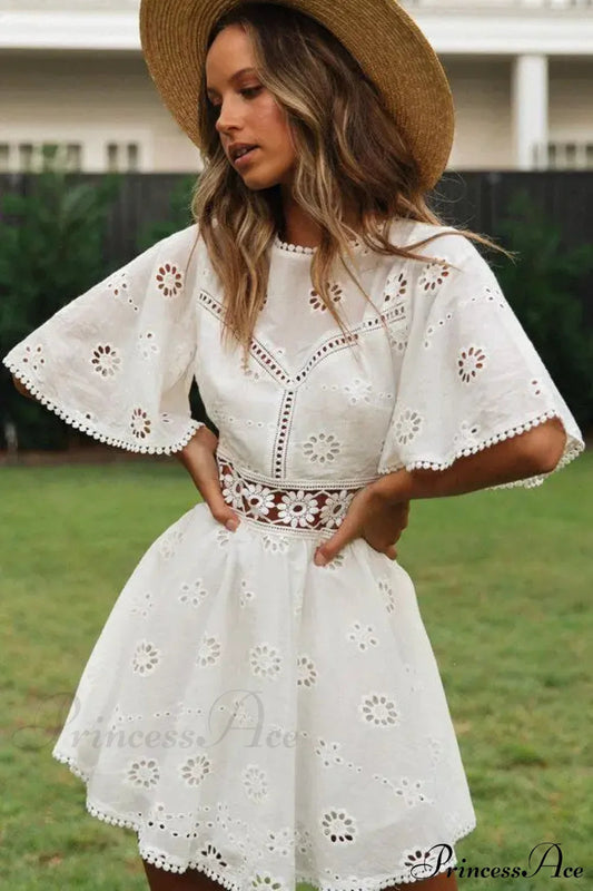 White Cotton Half Sleeve Sexy Backless Hollow Out Mini Boho Dress