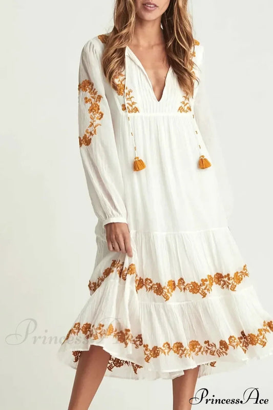 White Deep V Neck Long Sleeve Dress