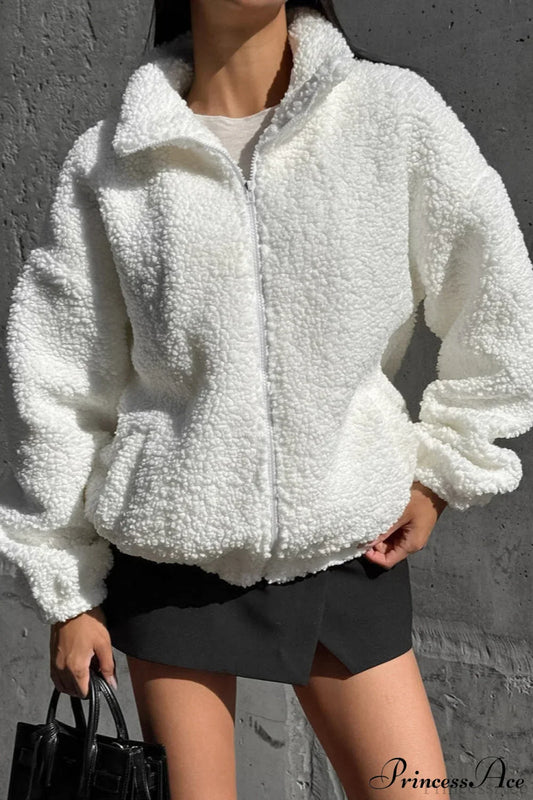 White Fleece Collared Warm Commute Coat