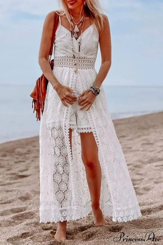 White Hollow Out Lace Strapless Sexy Split Midi Boho Dress