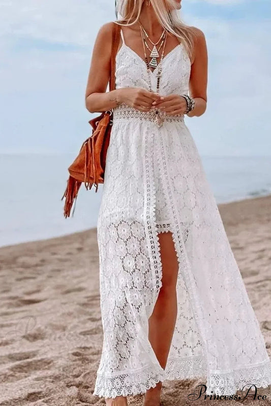White Hollow Out Lace Strapless Sexy Split Midi Boho Dress