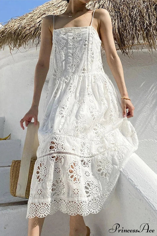 White Lace Dress Cotton Floral Embroidery Strap Sleeveless Women Summer Dress
