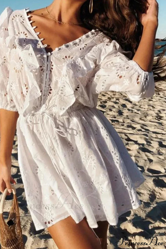 White Lace Embroidery Hollow Out V-neck Vacation Mini Boho Dress