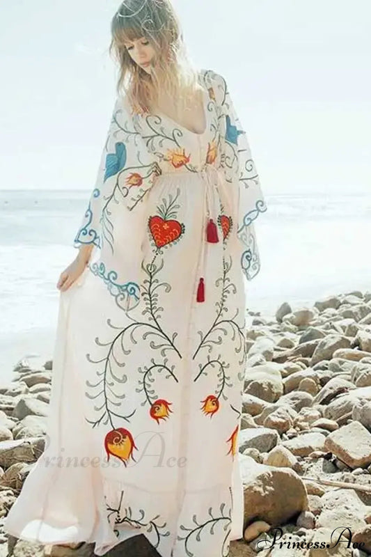 White Maxi Dress Cotton Floral Embroidery Sexy V-neck Beach Dress