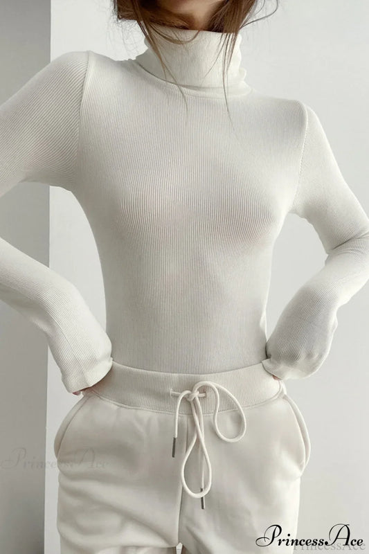 White Turtleneck Slim Knit Long Sleeve Tee