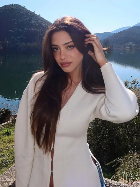 White V-neck Woolen Coat Top / S