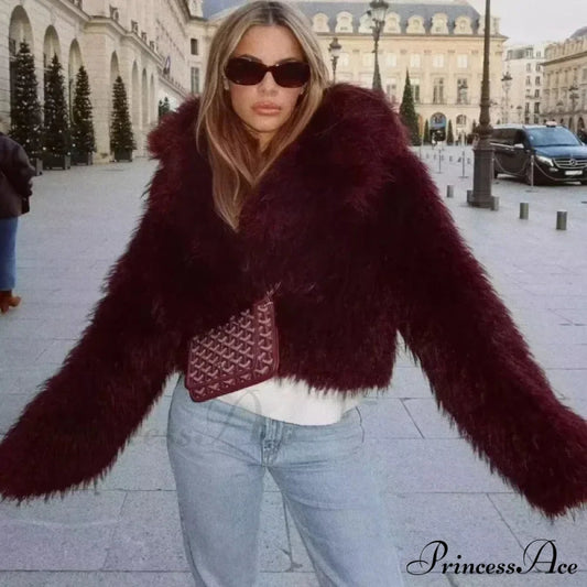 Wine Red Cropped Faux Fur Coat