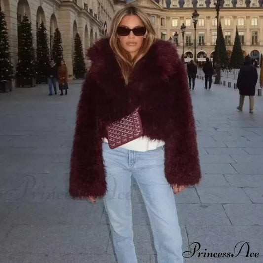Wine Red Cropped Faux Fur Coat