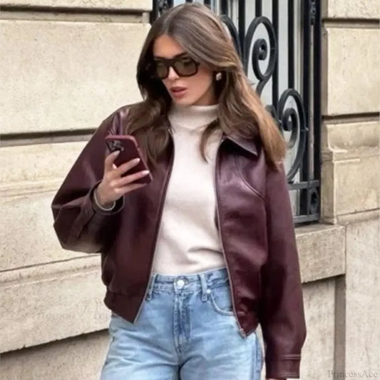 Wine Red Pu Leather Coat Burgundy / S Coats-241208