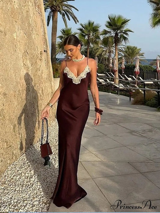 Women Chic Elegant Solid Spliced Lace Midi Sling Backless Christmas Party Dress