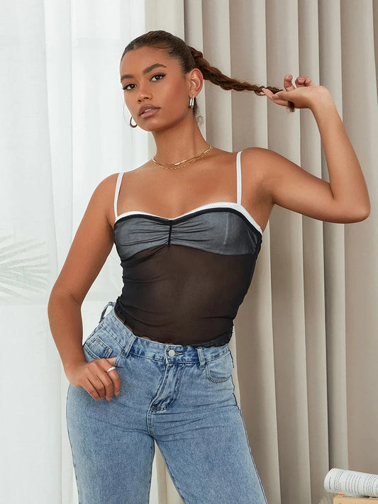 Mesh Ruched Color Patch Spaghetti Strap Crop Top