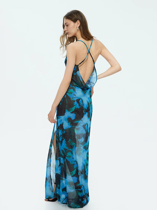 Tie-dyed Sshoppender Backless Floral Dress