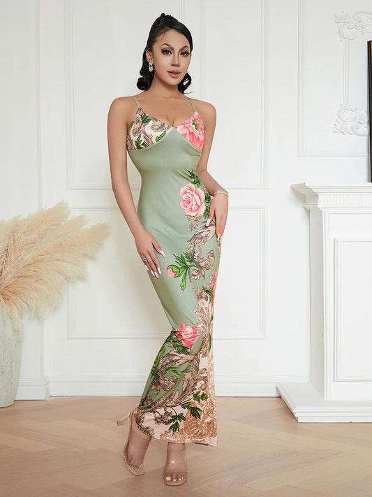 Elegant Floral Spaghetti Strap Backless Floral Dress