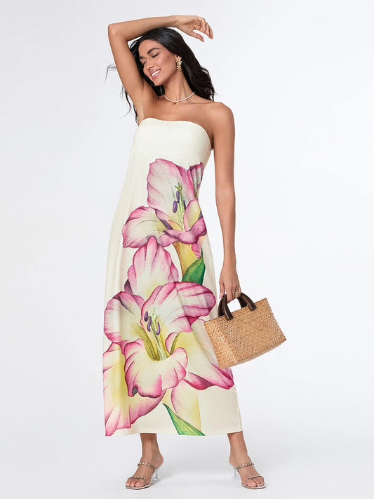 Elegant Floral Strapless Loose Fit Floral Dress
