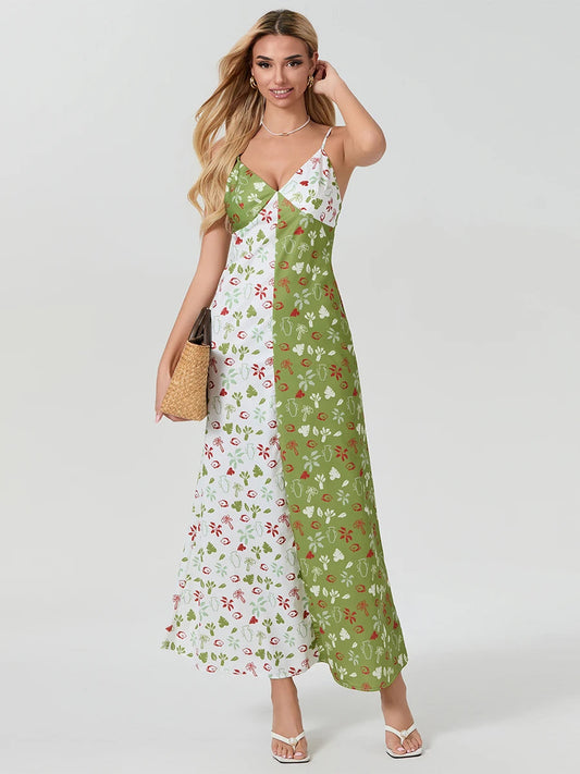 Contrast Color V-neck Spaghetti Strap Slip Floral Dress