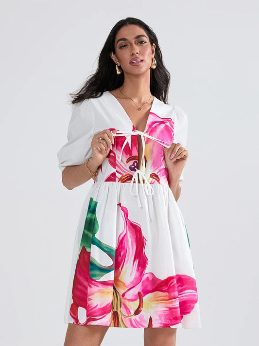 Puff Sleeve Tie-up A-Line Mini Floral Dress