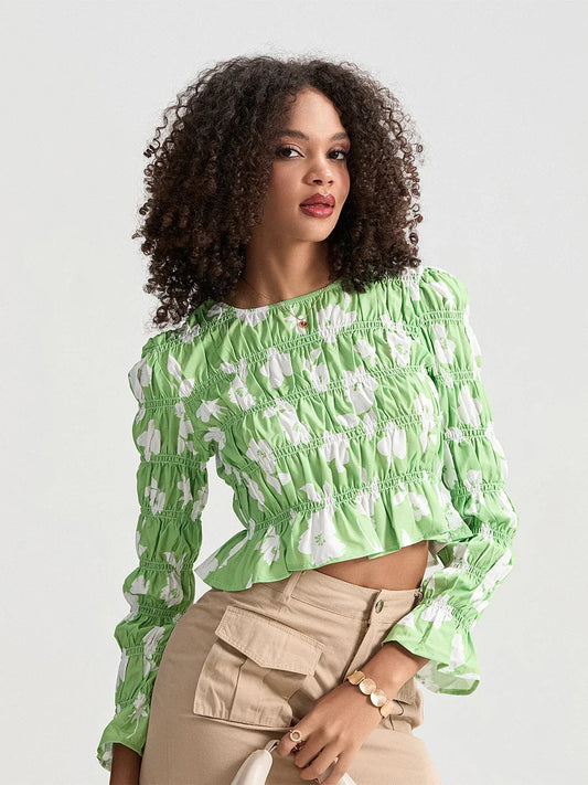 Floral Ruched Boat Neck Long Sleeve Crop T-shirt
