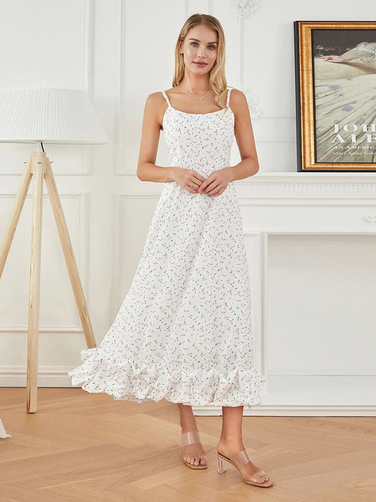 Spaghetti Strap Ruffled Long Sweet Sling Bubble Hem A-line Floral Dress