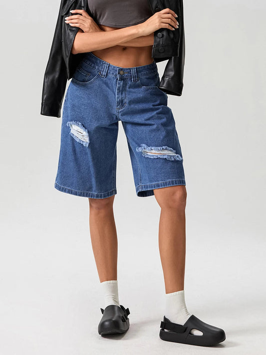 Ripped Button Knee-Length Denim Short