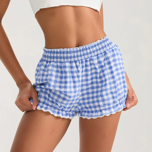 Plaid Lace Trim Elastic Waist Short
