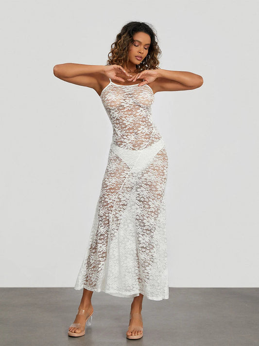 See-Through White Lace Sheer Backless Spaghetti Strap Sundress