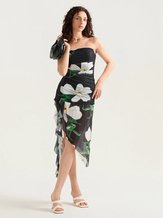 Sexy Strapless Ruffle Tassel Mini Floral Dress