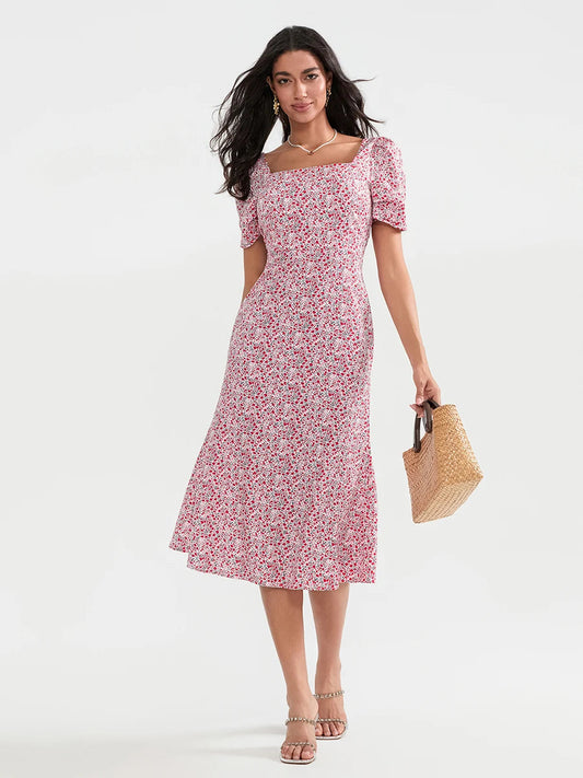 Summer Floral Midi Puff Sleeve A-Line Floral Dress