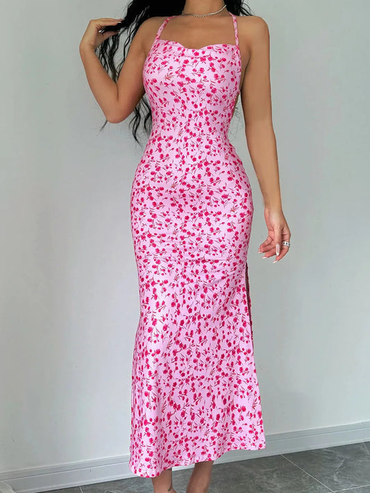 Floral Tied Backless Halter Split Floral Dress