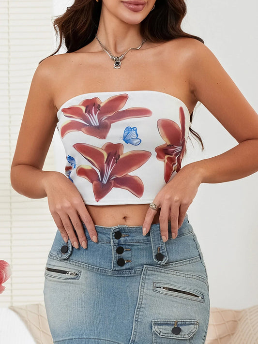 Sexy Floral Strapless Backless Crop Tank Tube Top
