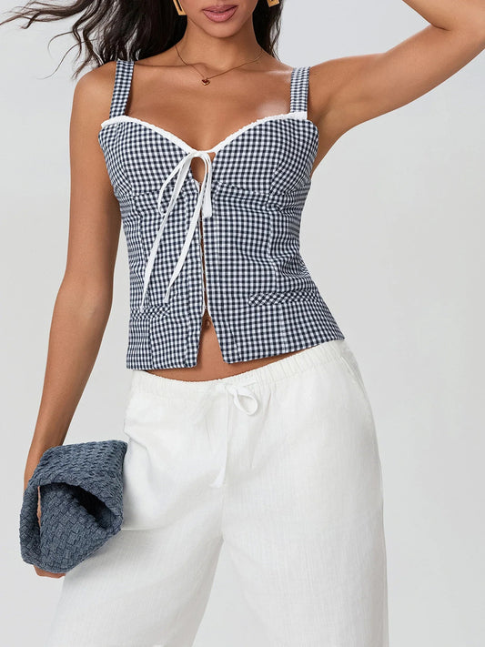 Plaid Print Backless Sleeveless Low Cut Tied Crop Vest