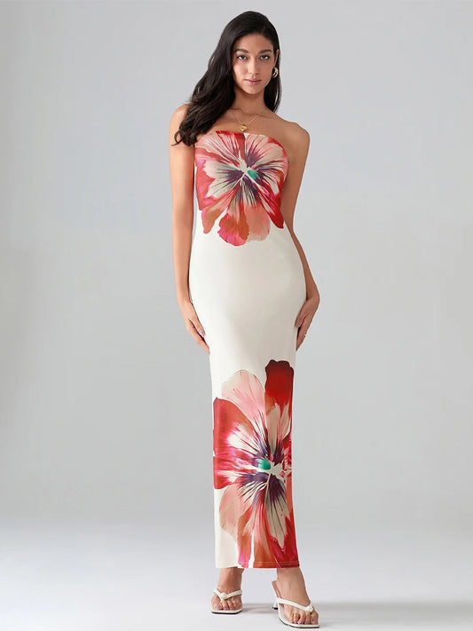 Floral Print Bandeau Strapless Wrap Floral Dress