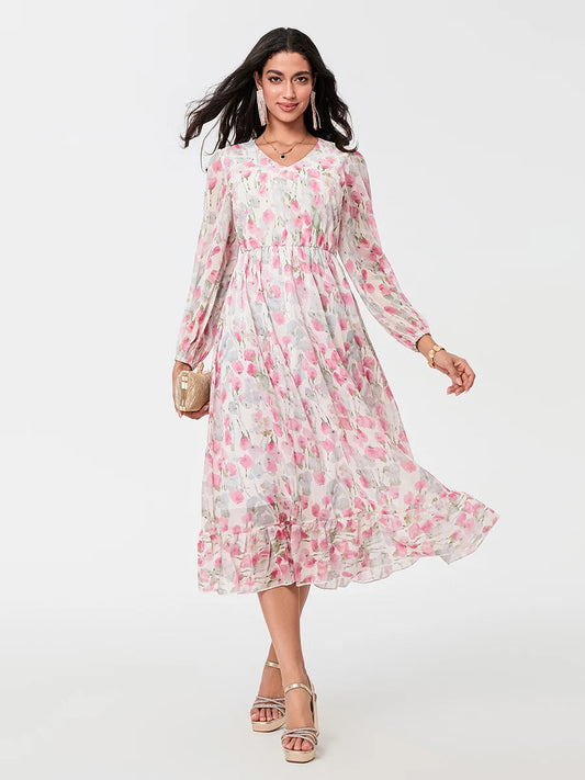 Elegant Floral Flowing Long Sleeve A-Line Floral Dress