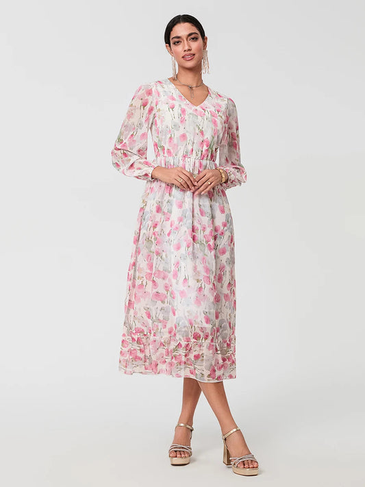 Elegant Floral Flowing Long Sleeve A-Line Floral Dress