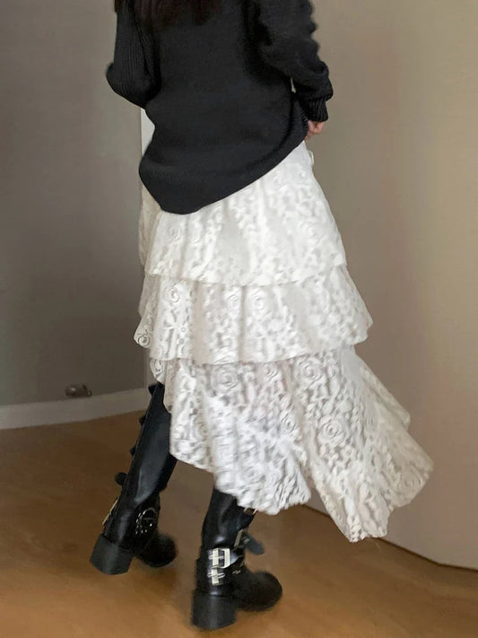Fairycore Lace Tiered High Waist Asymmetric Ruffled Midi Skirt