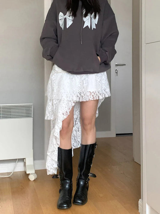 Fairycore Lace Tiered High Waist Asymmetric Ruffled Midi Skirt