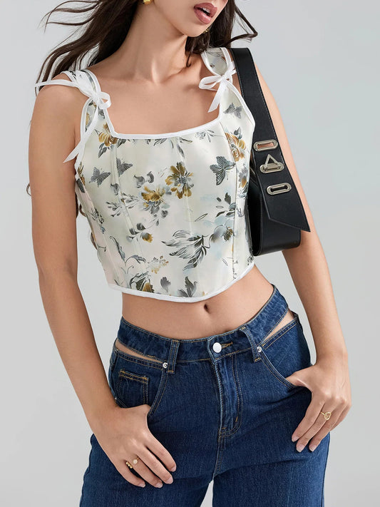 Floral Tie-back Vintage Corset Square Neck Crop Top