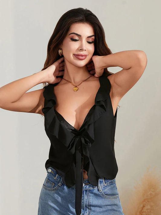 Solid Tie Front Sleeveless Ruffle Trim Low Cut Crop Top