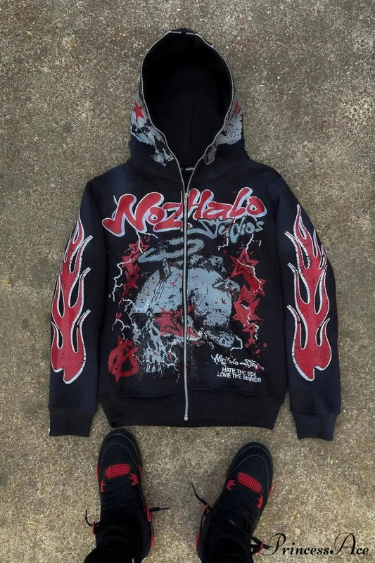 Y2K Dark Hip-Hop Cartoon Zip Hoodie